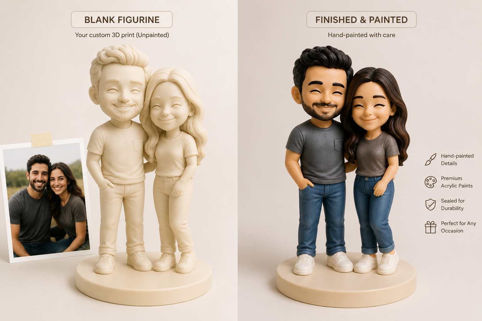 Blank 3D-printed figurine of a couple, next to the same figurine hand-painted with jeans and t-shirts