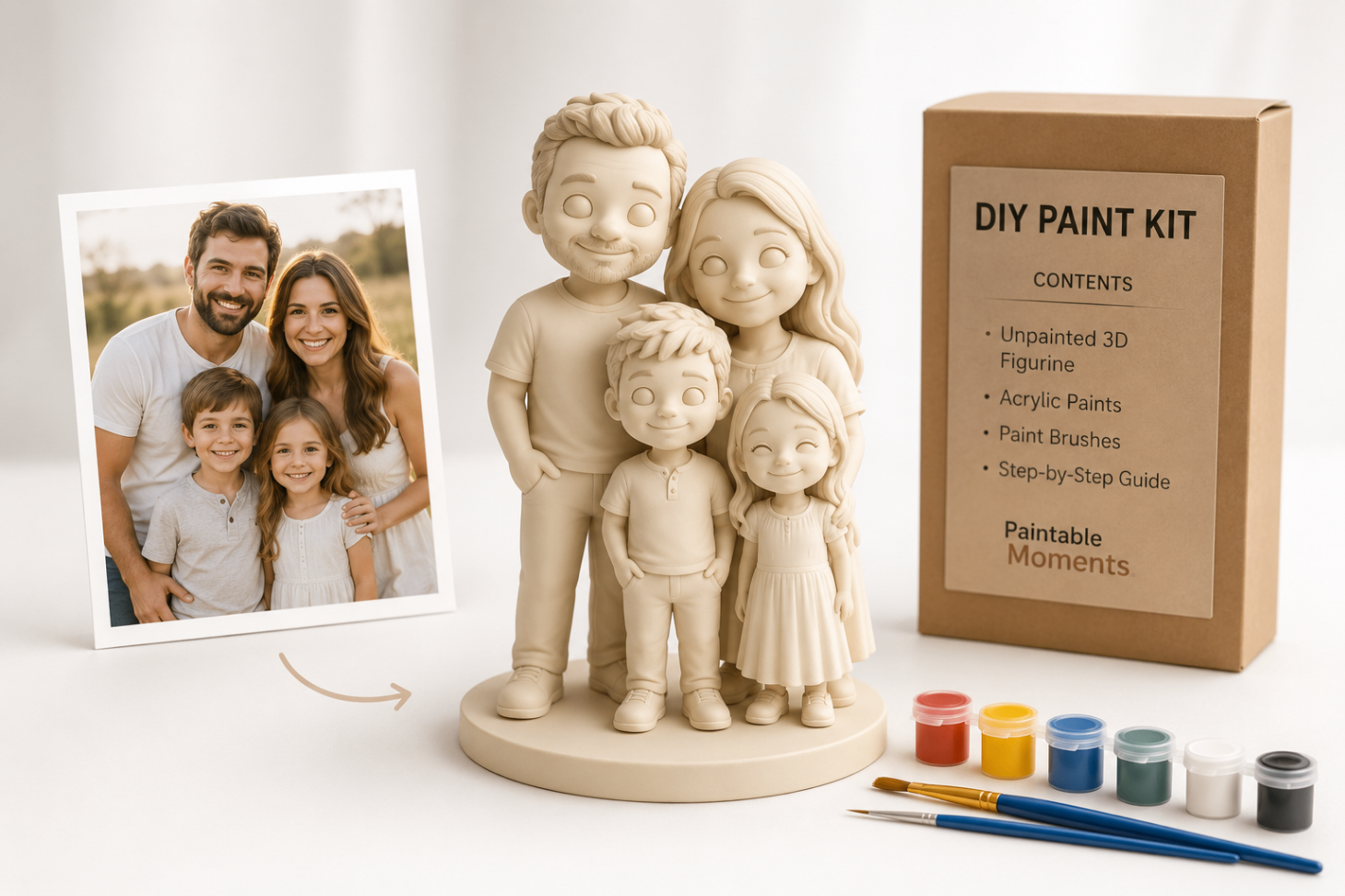 A family DIY paint kit: unpainted 3D-printed family figurine beside its packaging with paints and brushes