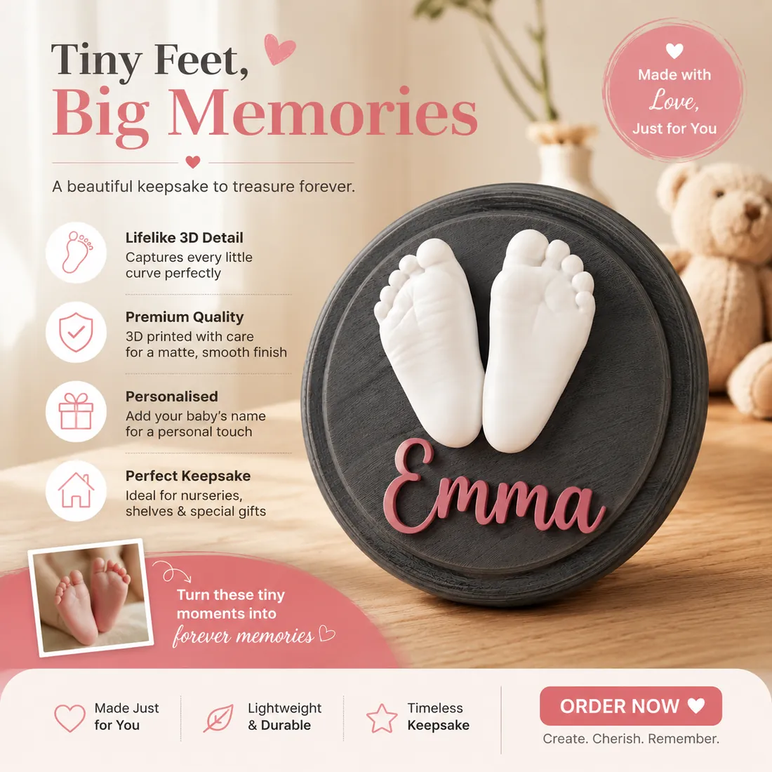 Personalised 3D-printed baby feet keepsake with baby's name