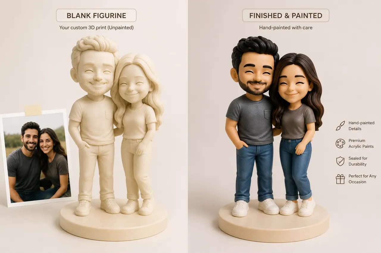 Blank 3D-printed figurine of a couple, next to the same figurine hand-painted with jeans and t-shirts